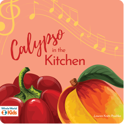 Two fruits are in the foreground. Above them, there are music notes on a staff.