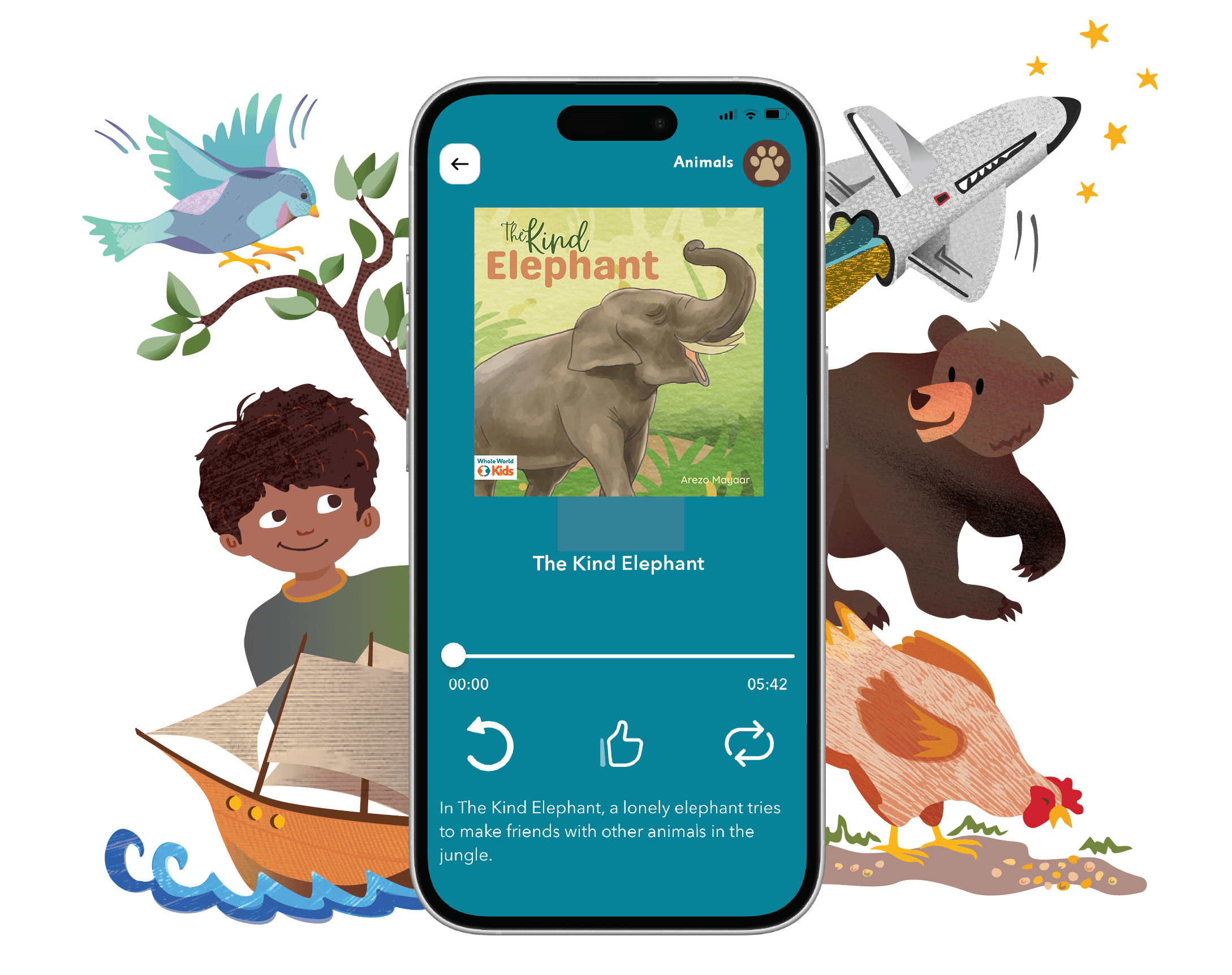 Image of the WWK app on a mobile phone with a background showing a cartoon drawings of a kid, bear, chicken, and space shuttle